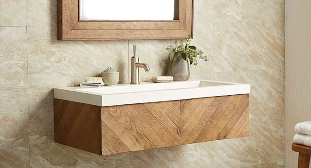 Chevron styled wall mount vanity by Native Trails in a warm wood color.