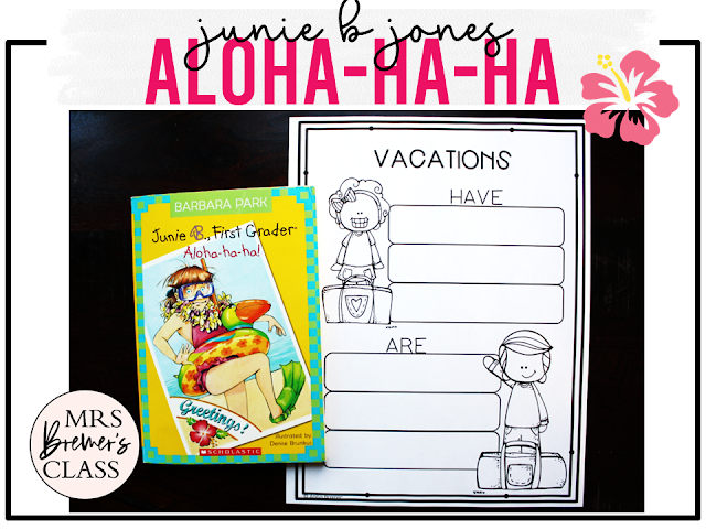 Junie B Jones Aloha-ha-ha book activities unit with literacy printables, reading comprehension worksheets, book companion activities, and lesson ideas for First Grade and Second Grade