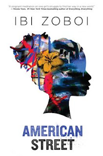 book cover of American Street by Ibi Zoboi, showing a silhouette of a girl with graffiti within the silhouette's profile