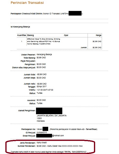 Perincian Transaksi PayPal Dengan Kartu Debet/Debit Visa BTN