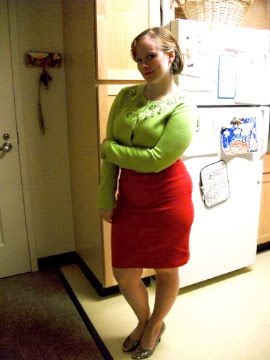 Christmas colors, 60's look, Grinch green sweater and red pencil skirt, Adventures in the Past blog