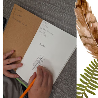 a science student nature journaling about a feather