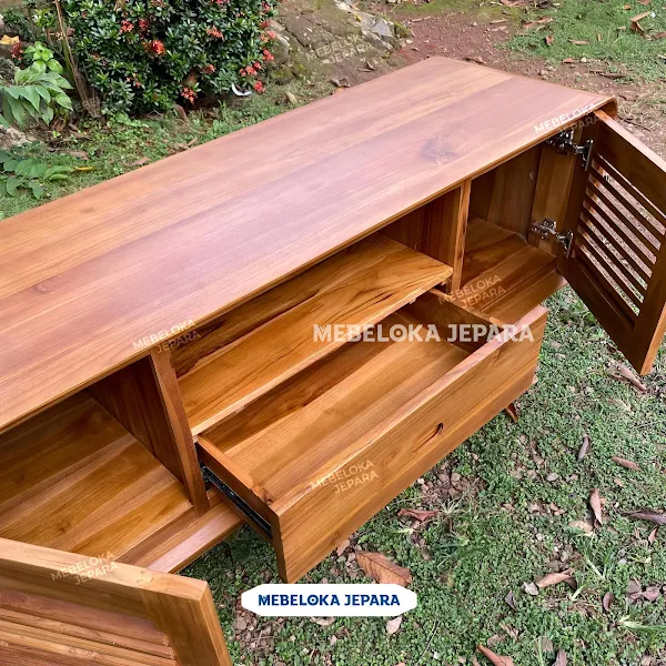 Bufet tv retro minimalis kayu jati 2 pintu 1 laci