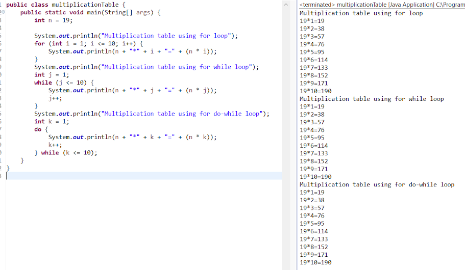 Java multiplication table