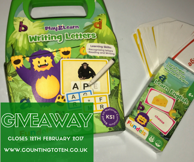 The packaging of Writing Letters and Learning Englisg (mostly green with a purple and yellow monster) and writing saying: Giveaway closes 12th February 2017 www.countingtoten.co.uk