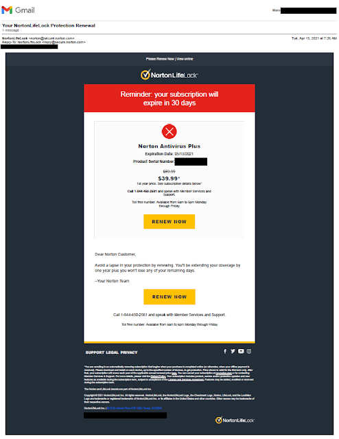 Norton Antivirus Renewal Notice