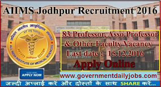 AIIMS Jodhpur Recruitment 2016 for 83 Professor & Other Faculty Posts