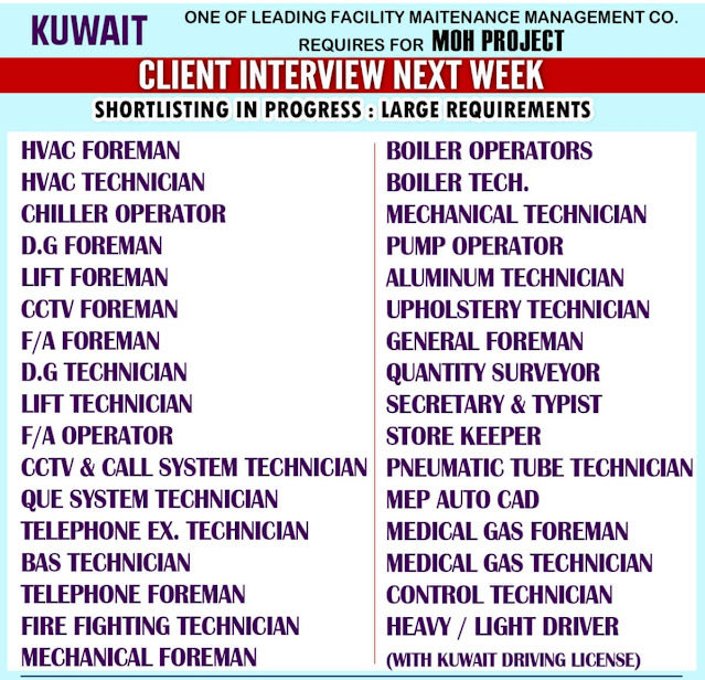 Large recruitment for Facility management jobs in Kuwait
