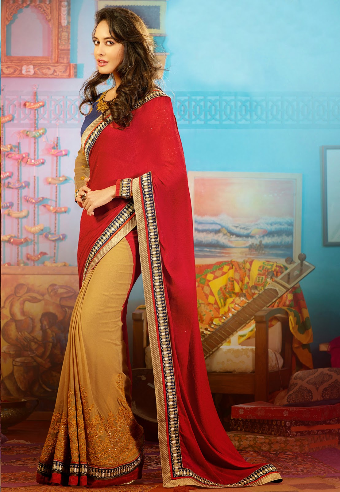 Attractive Red and Cream Designer Wedding Saree