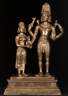 Shiva taking Parvati's hand in marriage;  South Indian bronze 