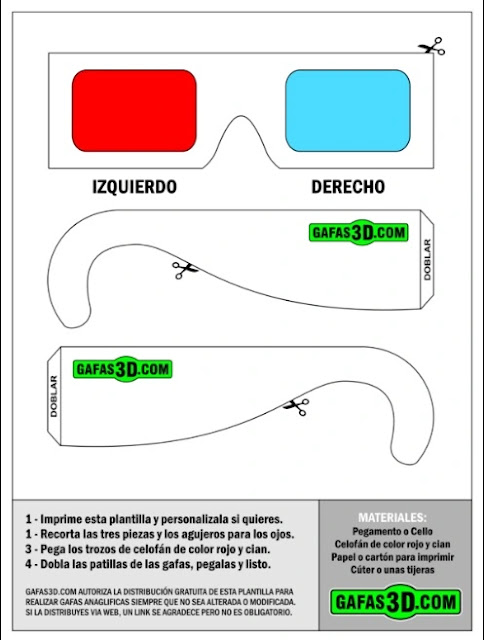 imagen de moldes para recortar y construir gafas anaglifos 3d