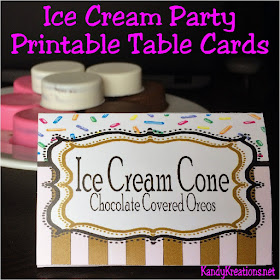 I need these Ice Cream party free printables.  It'll be so easy to WOW the guests with these fun and color table food cards.  After all, it's so much fun to make neat party food, but if no one knows what it is, the kids won't touch it.  I can use these to tell everyone what the party desserts are or to seat guests at each table as place card settings.