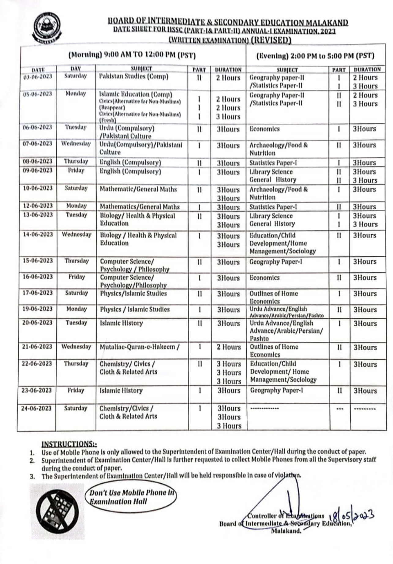 BISE Malakand 11th & 12th Class Date Sheet 2023 1st Annual