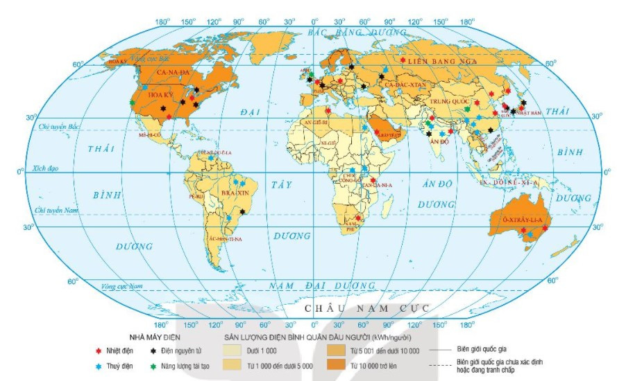 Bản đồ một số nhà máy điện và sản lượng bình quân đầu người trên thế giới năm 2019