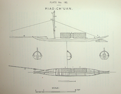 Miao-Ch'uan boat Low and narrow, heavily built on eight bulkheads, with long bow sweep and short towing mast