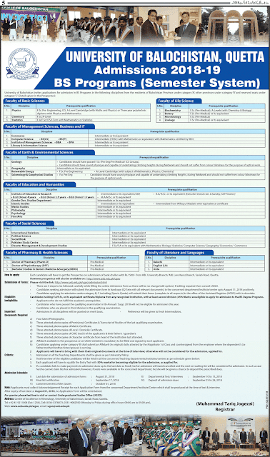 Admission, Scheduled of Admission, Balochistan, BS Programs, Eligibility, Faculties, Method of Applying, Important Instructions, University of Balochistan, UoB, 