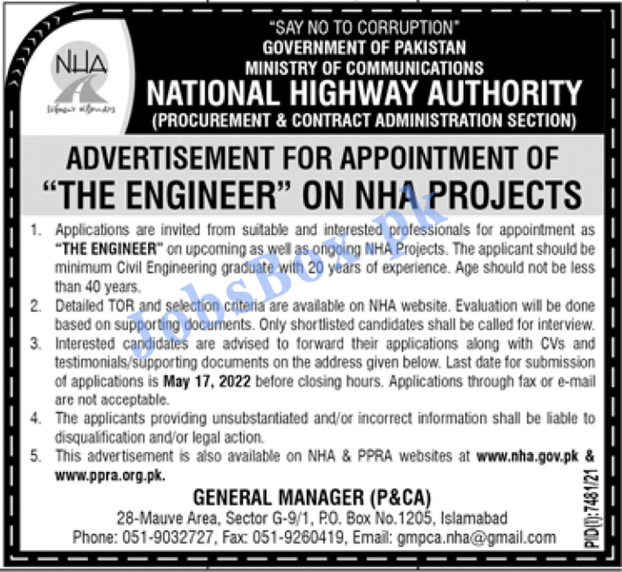 National Highway Authority NHA Jobs 2022 Online Apply at www.nha.gov.pk