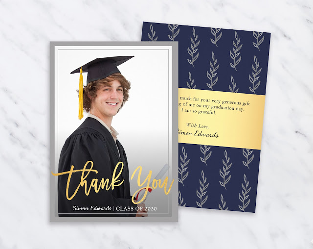  Gold Script Gray & Blue Graduation Photo Thank You Card