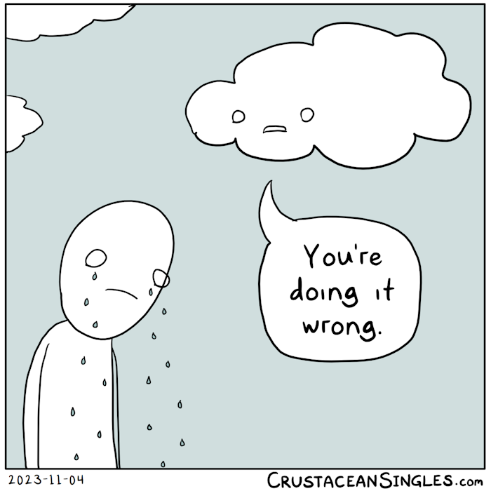 A cartoonish cloud looks down at a crying person whose tears are dropping like rain. The cloud says, "You're doing it wrong."