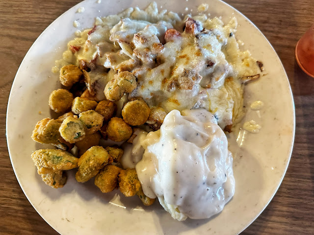 fried okra, potatoes and gravy, and Memphis grilled chicken at Horseshoe Grill, Eureka Springs, AR