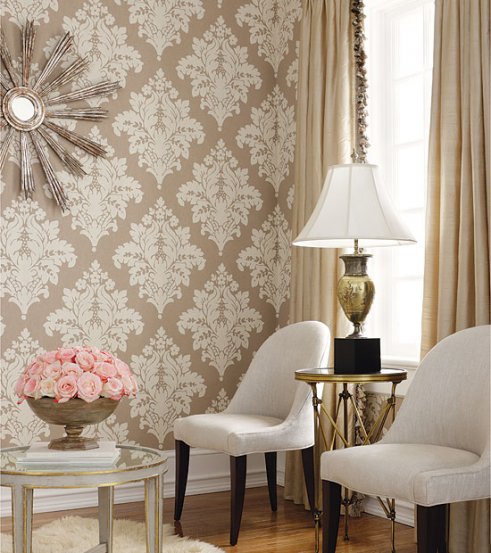 black and white damask wallpaper. the lack and white too)