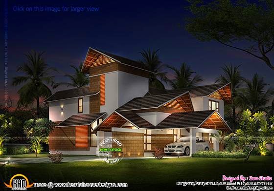 Sloped roof house night view