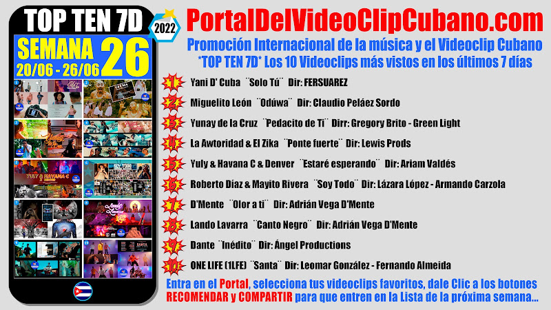 Artistas ganadores del * TOP TEN 7D * con los 10 Videoclips más vistos en la semana 26 (20/06 a 26/06 de 2022) en el Portal Del Vídeo Clip Cubano