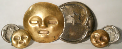 Vintage 1940s William Spratling Mexican Jewelry   Sterling Silver and Copper Sun and Moon Faces   Brooch and Earrings Set 