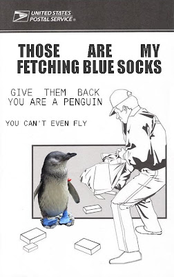 Penguin shoez time.  Blue socks.