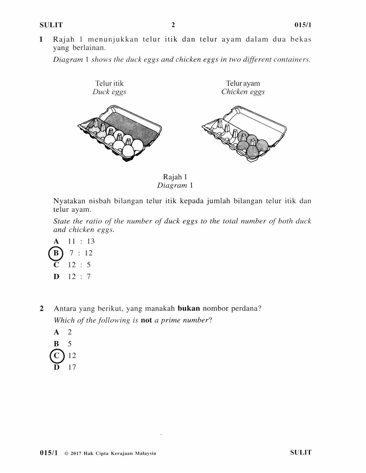 Jawapan dan Soalan UPSR Matematik Kertas 1 2017  KOLEKSI 