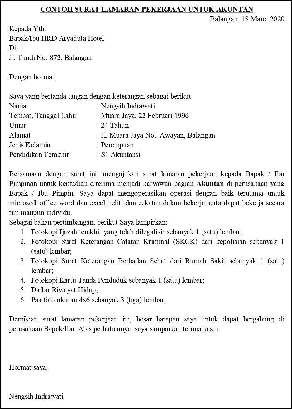 Contoh Surat Lamaran Pekerjaan Untuk Perhotelan Bagian