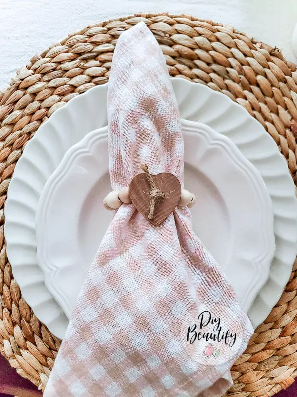 wood bead and heart napkin rings, pink gingham napkin