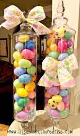 Easter decor, candy jars filled with Easter eggs, spring decor