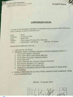 Lowongan kerja terbaru PT SUNG SHIN INDONESIA