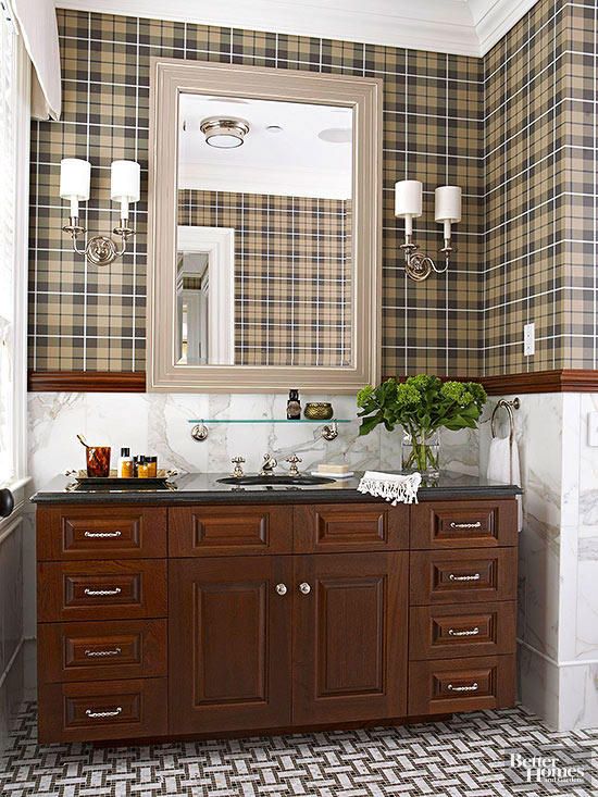plaid wall paper and dark wood chair rail