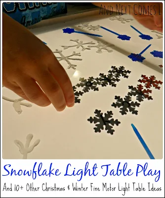 Snowflake Light Table Play plus 14 other Christmas and winter themed fine motor light table ideas from And Next Comes L.  Part of the Fine Motor Fridays Christmas Round Up Edition.