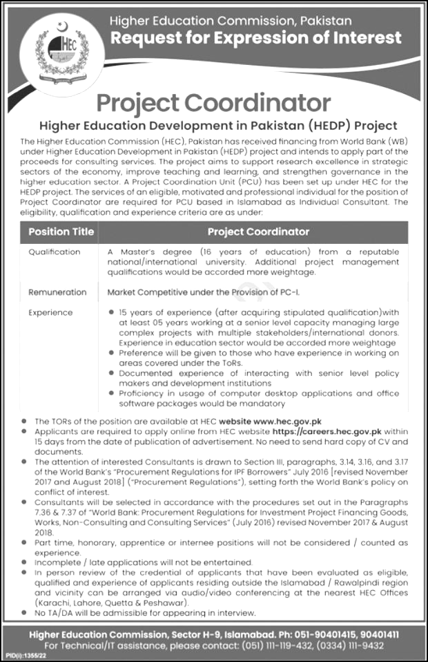 Higher Education Commission HEC Jobs In Islamabad September 2022
