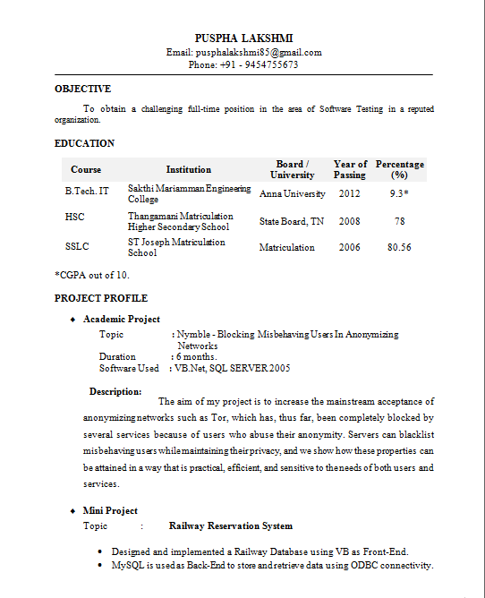 Download Fresher Resume Format IT Professional