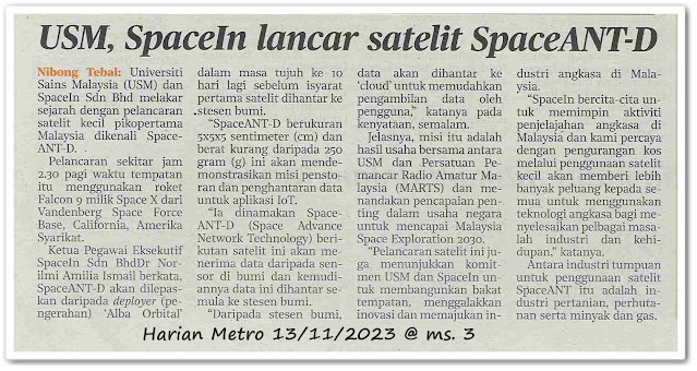 USM, SpaceIn lancar satelit SpaceANT-D - Keratan akhbar Harian Metro 13 November 2023