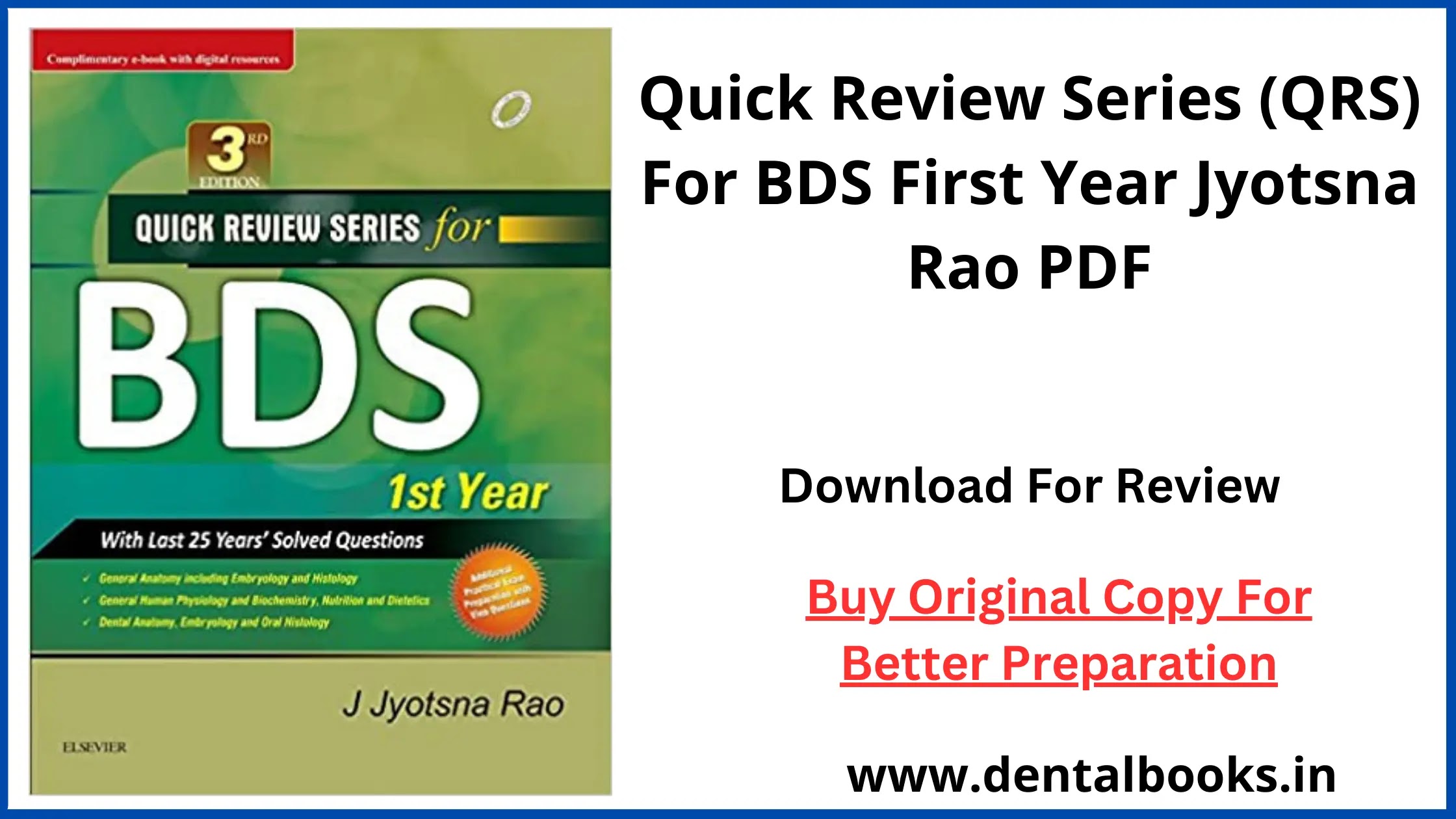 Quick Review Series (QRS) For BDS First Year Jyotsna Rao PDF