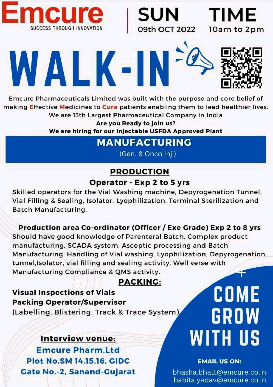 Job Available's for Emcure Pharmaceuticals Ltd Walk-In Interview for Production