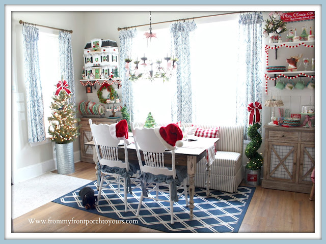 Cottage- Farmhouse -Christmas -Breakfast -Nook-French Farmhouse-Banquette-Seating-DIY-Planked-Table-Vinatge-Chairs-Hearth & Hand-Dollhouse-Vintage-Style-From My Front Porch To Yours