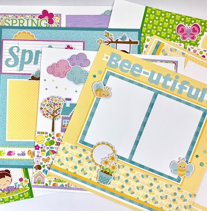 12x12 Spring scrapbook page layouts with flowers, bees, and clouds