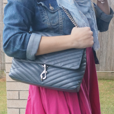 denim jacket with Rebecca Minkoff Edie regular shoulder bag in Luna blue | awayfromtheblue