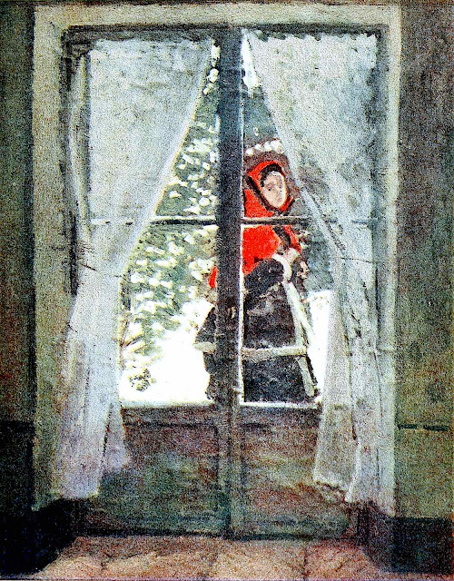 a Claude Monet painting of a woman in winter at a window looking in