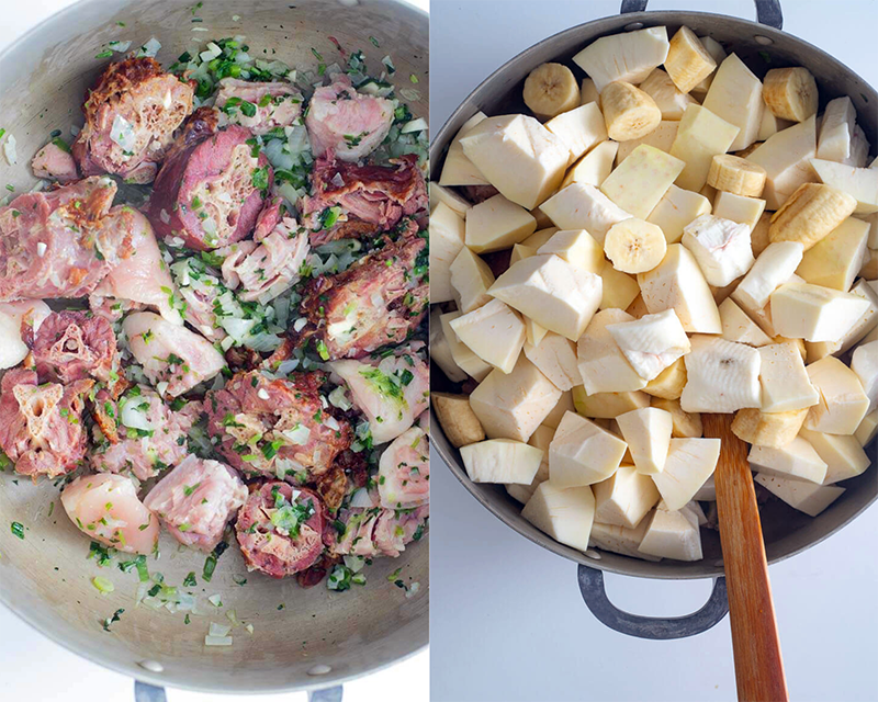 Salted meat being sauted with fresh herbs then covered with the bread fruit and green banana.