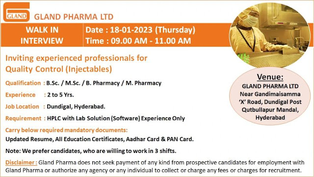 Gland Pharma Walk In Interview For Quality Control Department