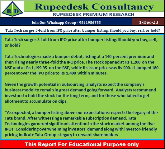 Tata Tech surges 3-fold from IPO price after bumper listing: Should you buy, sell, or hold?