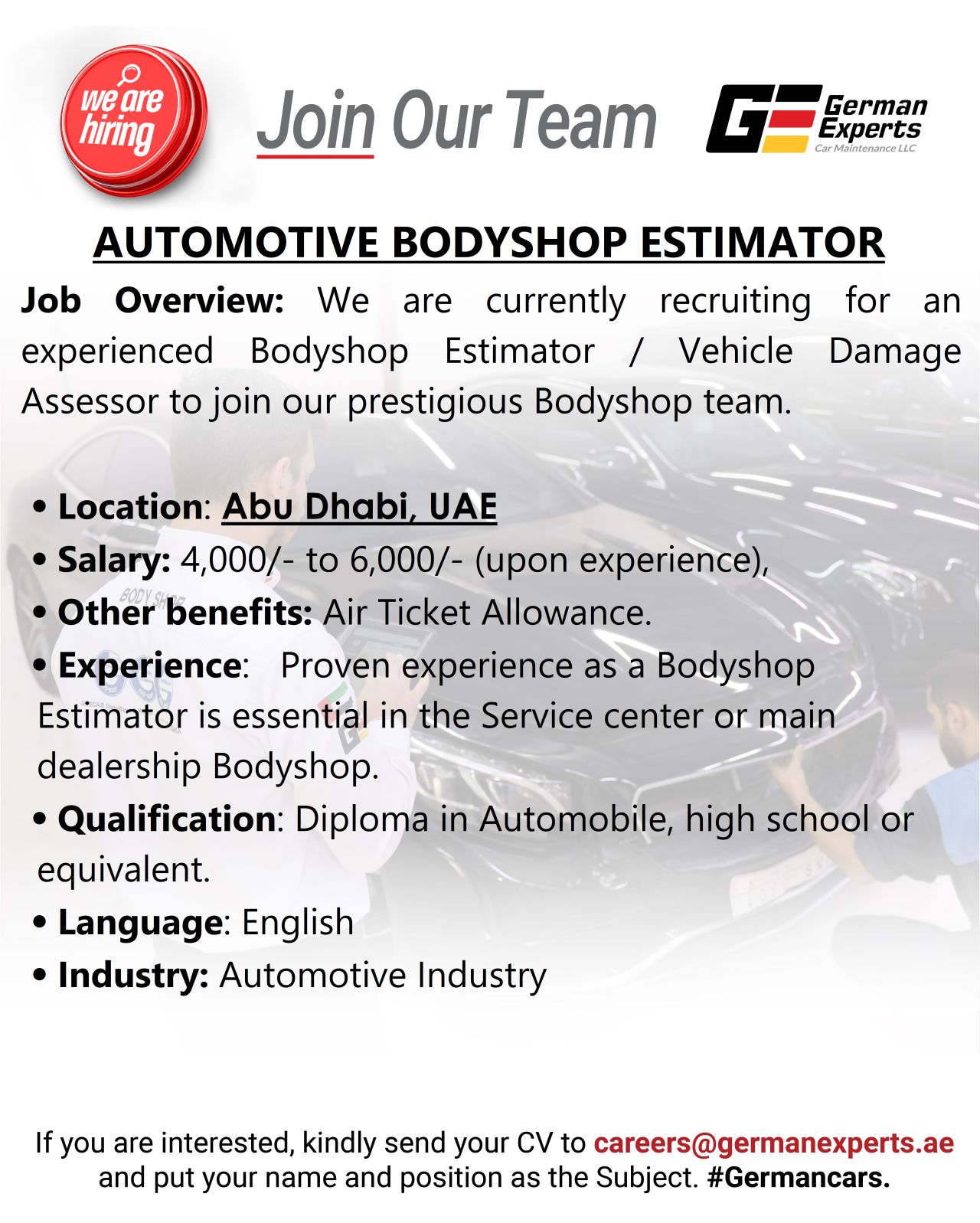 Hiring: Automotive Bodyshop Estimator | German Experts Car Maintenance LLC | Abu Dhabi
