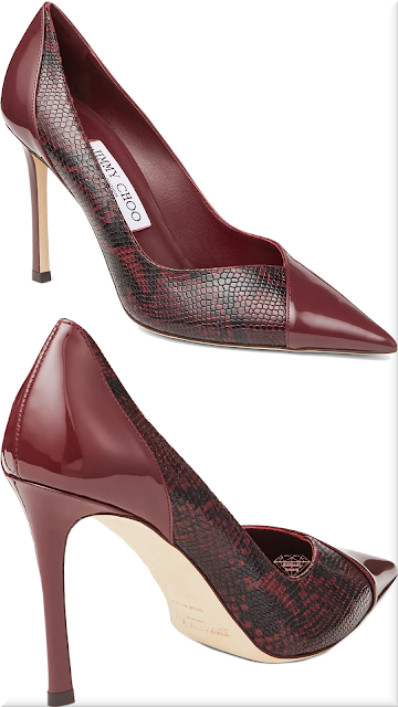 ♦Jimmy Choo Cass burgundy patent and snake printed leather pumps #jimmychoo #shoes #red #brilliantluxury